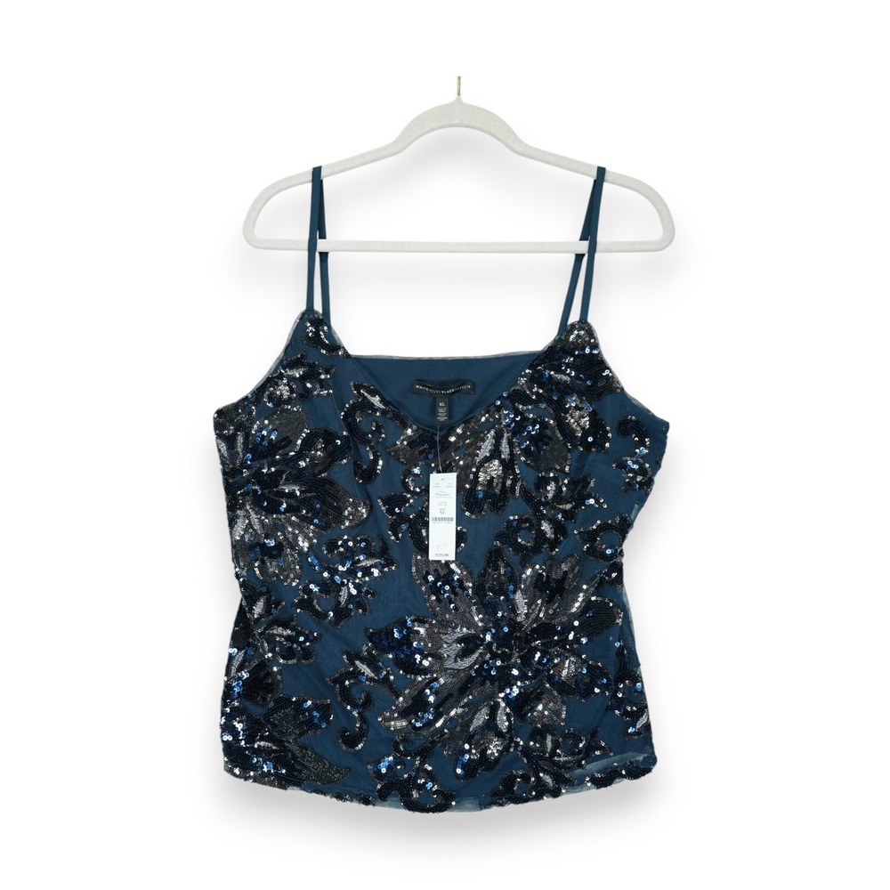 NWT White House Black Market Blue Sequin Floral Cami Tank Size XL Sleeveless $99